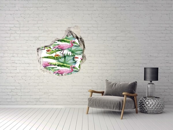 3D wall hole wallpaper Paradise Oasis with Flamingos