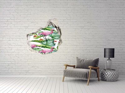 3D wall hole wallpaper Paradise Oasis with Flamingos