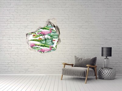 3D wall hole wallpaper Plants flamingos