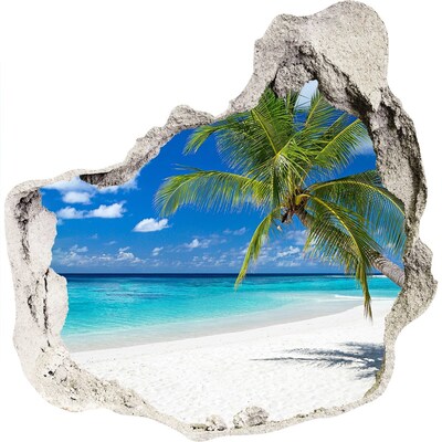 3D wall hole wallpaper Tropical beach with a palm tree