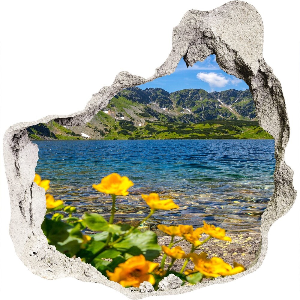 3D wall hole wallpaper Lake in the mountains