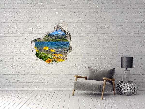 3D wall hole wallpaper Mountain landscape by the lake