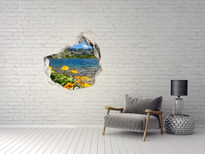 3D wall hole wallpaper Mountain landscape by the lake