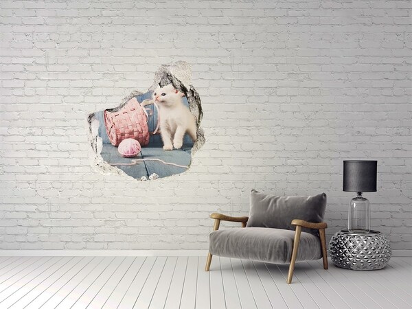 Hole in the wall decal White cat and skeins