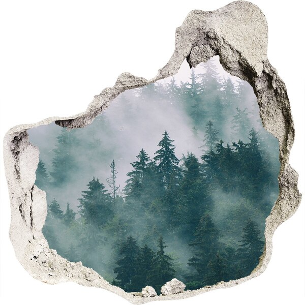 3D wall hole wallpaper Green forest in the clouds
