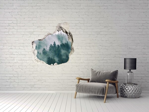 3D wall hole wallpaper Green forest in the clouds