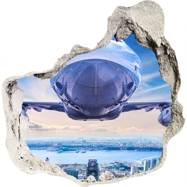 3D wall hole wallpaper Aircraft over the city