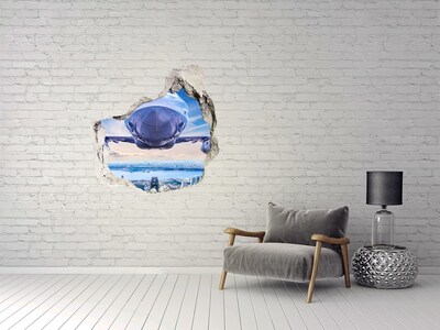 3D wall hole wallpaper A plane over the city