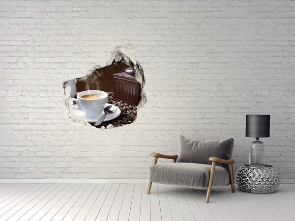 3D wall hole wallpaper Croissants and coffee