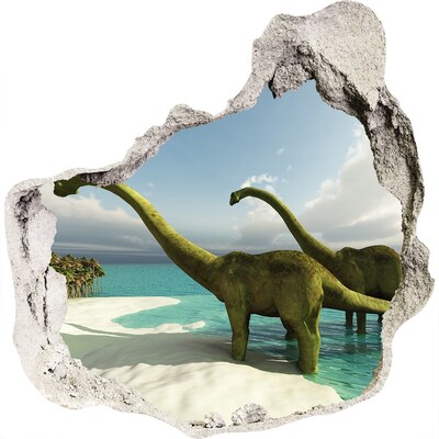 3D wall hole wallpaper Dinosaurs on the beach