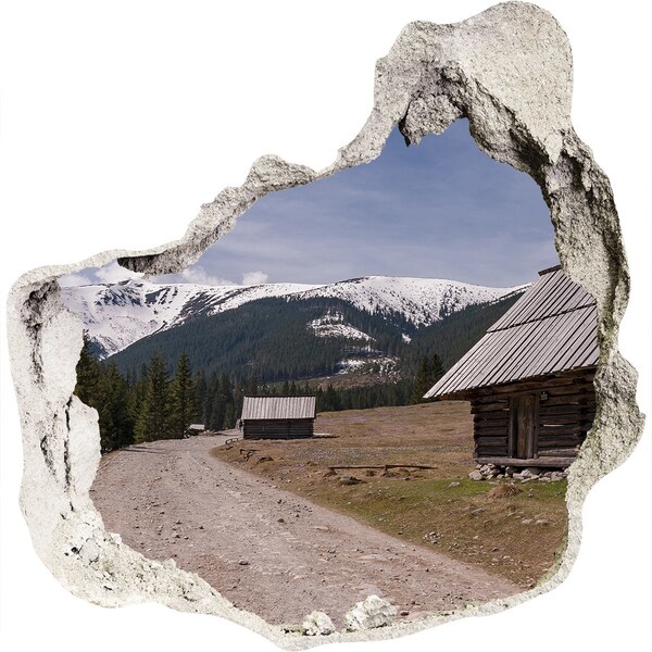 3D wall hole wallpaper House in mountains