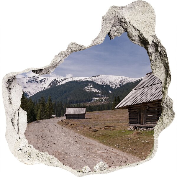 3D wall hole wallpaper Mountain landscape with huts