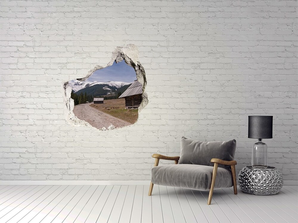 3D wall hole wallpaper House in mountains