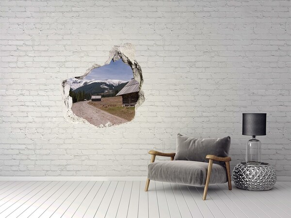 3D wall hole wallpaper Mountain landscape with huts