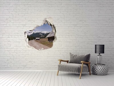 3D wall hole wallpaper Mountain landscape with huts