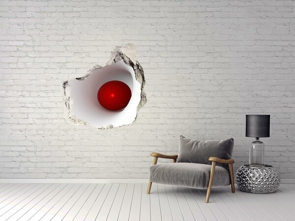 3D wall hole wallpaper Red ball in a hole in the wall