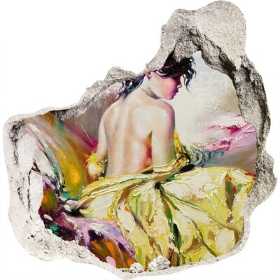 3D wall hole wallpaper Woman in a yellow dress