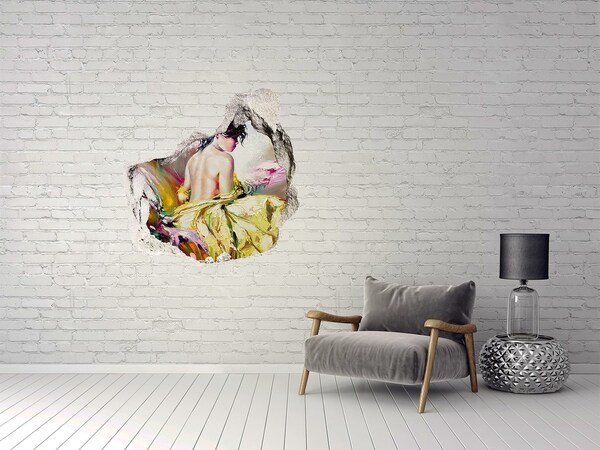 3D wall hole wallpaper Woman in a yellow dress