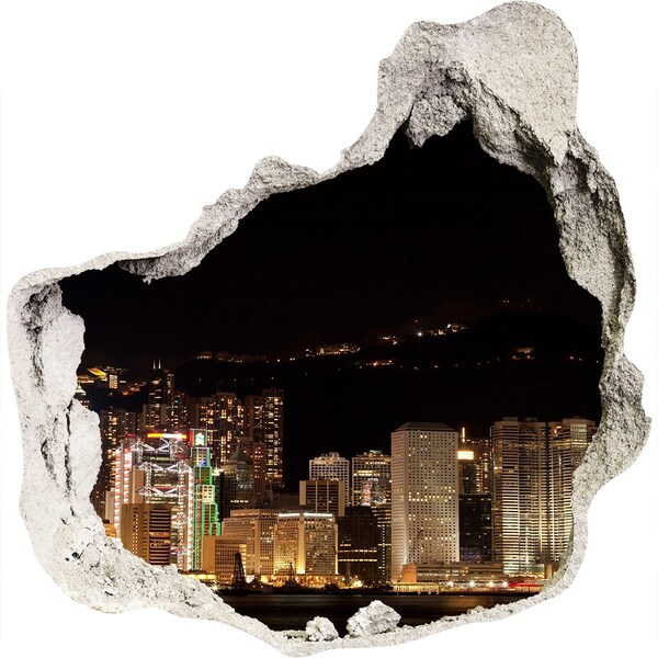 3D wall hole Night panorama of the city