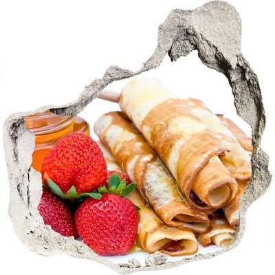 3D wall hole Delicious pancakes with strawberries