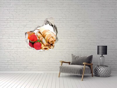 3D wall hole Delicious pancakes with strawberries
