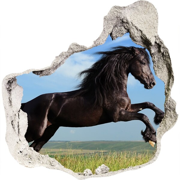 3D wall hole Black horse in the meadow