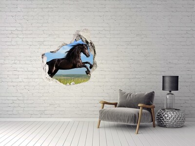 3D wall hole Black horse in the meadow