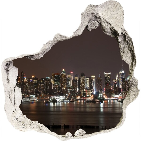 3D wall hole wallpaper New York skyline at night