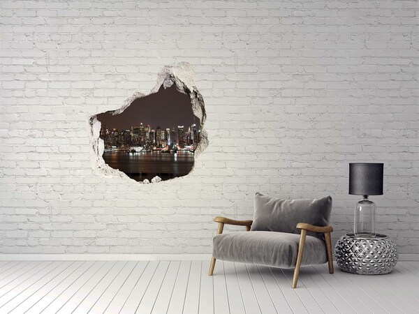 3D wall hole wallpaper New York skyline at night