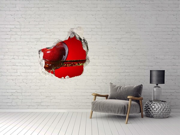 3D wall hole wallpaper Red apple in concrete