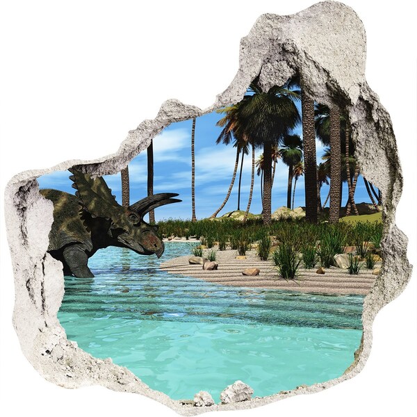 3D wall hole wallpaper Dinosaur in a tropical paradise