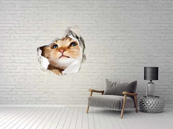 3D wall hole wallpaper Cat in a hole