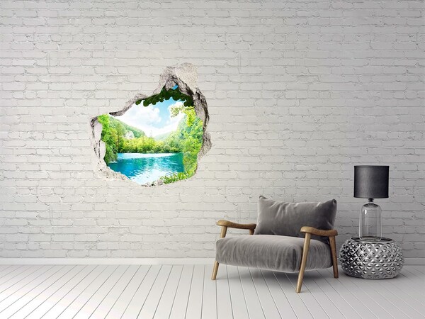 Hole wall sticker Green valley with a lake