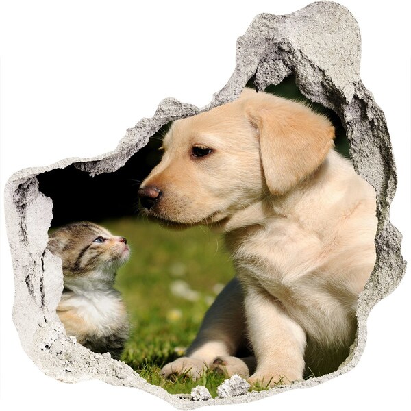 Hole wall sticker A dog and a cat in the meadow