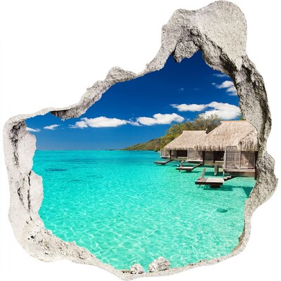 3D wall hole wallpaper Paradise Lagoon among the Bungalows