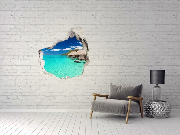 3D wall hole wallpaper Paradise Lagoon among the Bungalows