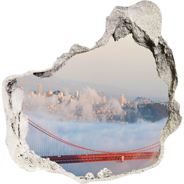 3D wall hole Golden Gate Bridge in the clouds