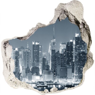 3D wall hole New York skyline at night