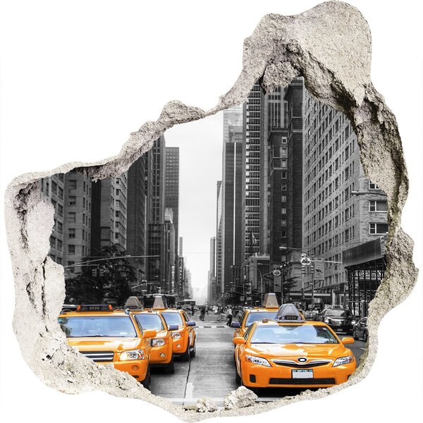 3D wall hole wallpaper New York City Taxis in the Urban Landscape