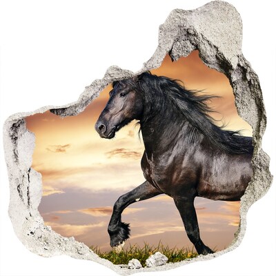 3D wall hole wallpaper Wild horse against the sunset background