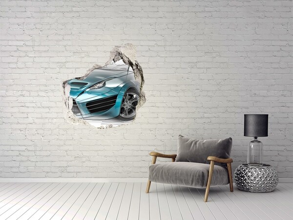 3D wall hole wallpaper Sports car in a hole in the wall