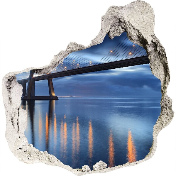 3D wall hole wallpaper A bridge over the water in a night scene