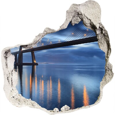 3D wall hole wallpaper A bridge over the water in a night scene