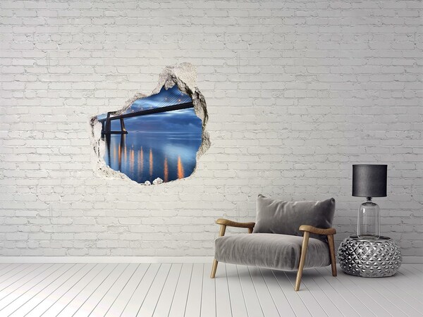 3D wall hole wallpaper A bridge over the water in a night scene