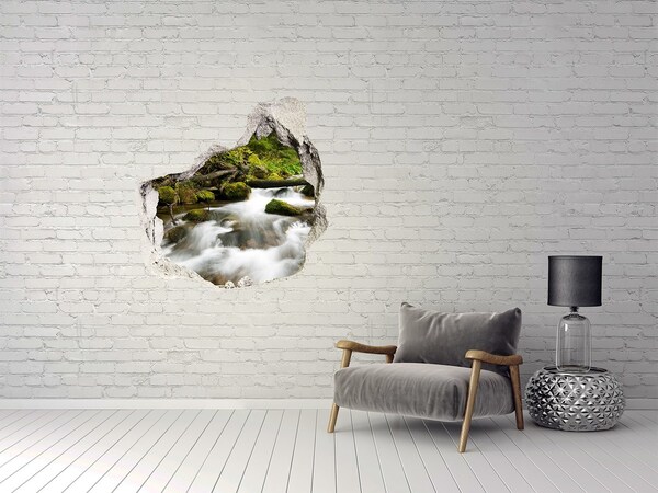 3D wall hole wallpaper Green stream in the forest