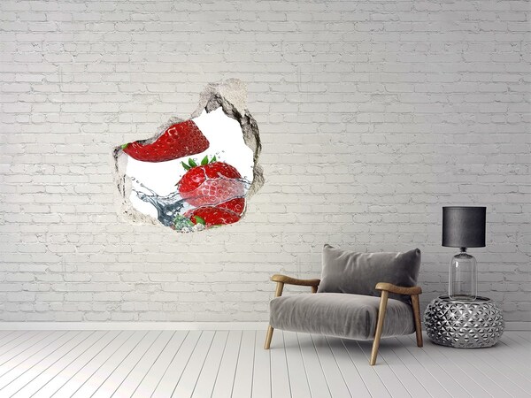 3D wall hole wallpaper Juicy strawberries in water