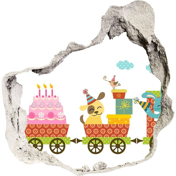 3D wall hole wallpaper Train with presents and birthday cake
