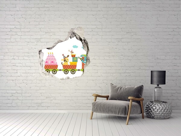 3D wall hole wallpaper Train with presents and birthday cake