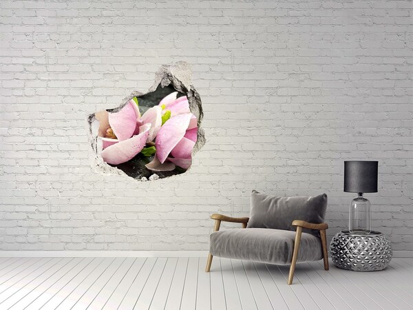 3D wall hole wallpaper Magnolia flowers through a hole in the wall