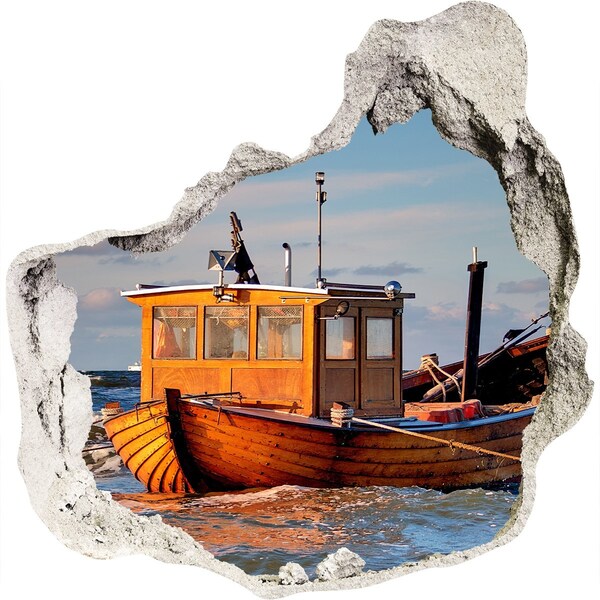 Hole wall sticker A bay with a fishing boat